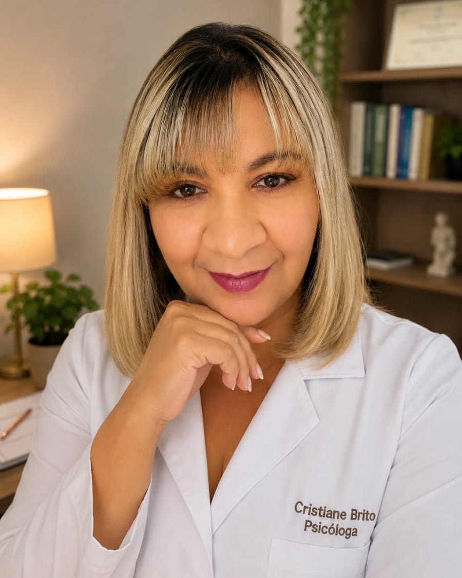 Cris Brito de jaleco no consultório, apoiando o queixo na mão